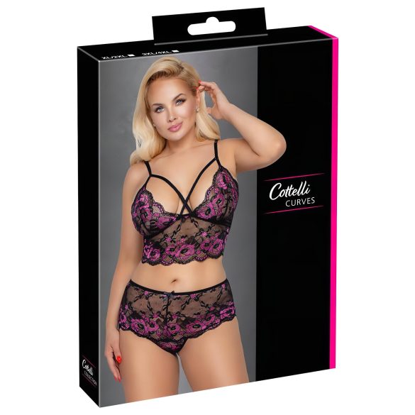 Cottelli Plus Size - virágos melltartó szett (fekete-lila)