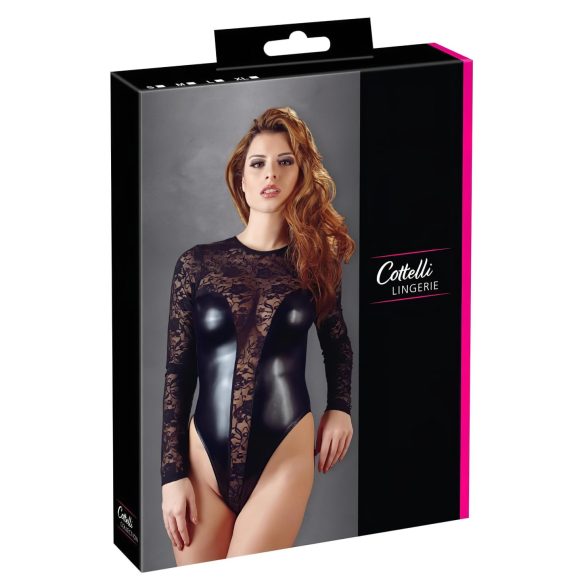 Cottelli - fényes-csipke body (fekete)